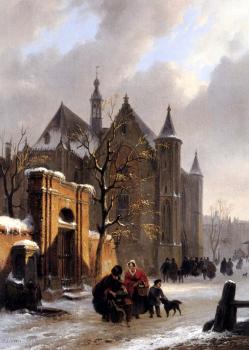 巴斯勒莫斯 約翰內斯 範 霍夫 A Capricio View With Figures Leaving A Church In Winter 巴斯勒莫斯 約翰內斯 範 霍夫 A Capricio View With Figures Leaving A Church In Winter